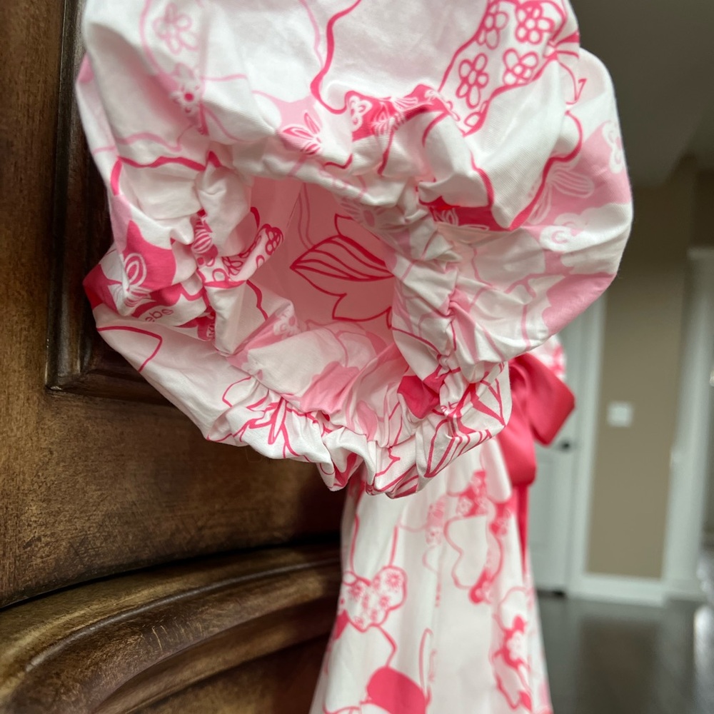 Bebe NWT Pink White Floral V-Neck Babydoll Top Empire Waist Puff Sleeves Sz S - Picture 7 of 15